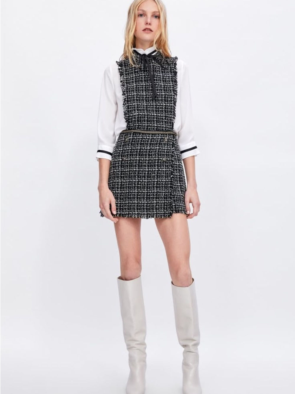 Zara Black and White Tweed Mini Jumpsuit